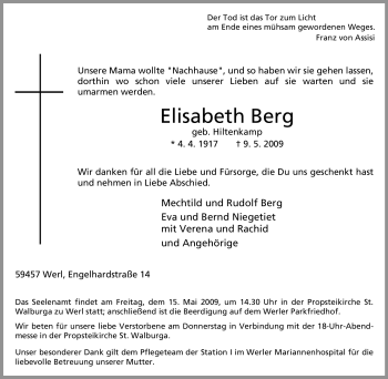 Traueranzeige von Elisabeth Berg von Tageszeitung