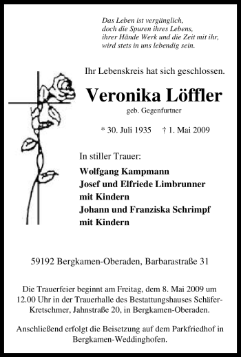 Traueranzeige von Veronika Löffler von Tageszeitung