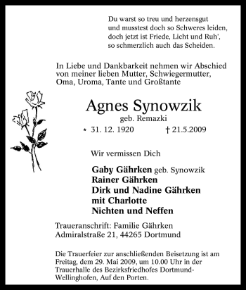 Traueranzeige von Agnes Synowzik von Tageszeitung