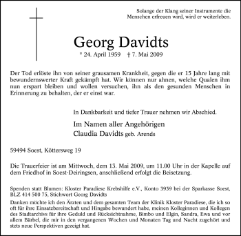 Traueranzeige von Georg Davidts von Tageszeitung