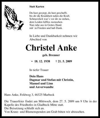 Traueranzeige von Christel Anke von Tageszeitung