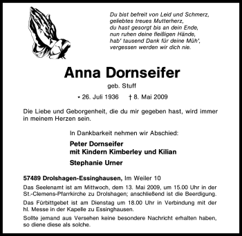 Traueranzeige von Anna Dornseifer von Tageszeitung
