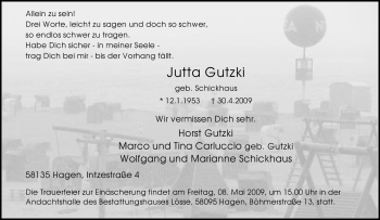Traueranzeige von Jutta Gutzki von Tageszeitung