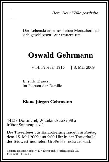 Traueranzeige von Oswald Gehrmann von Tageszeitung