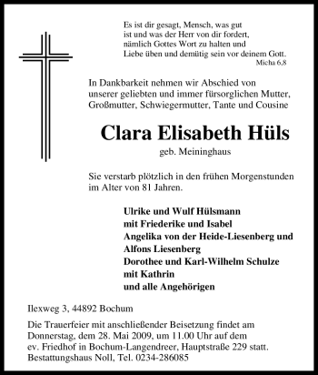 Traueranzeige von Clara Elisabeth Hüls von Tageszeitung