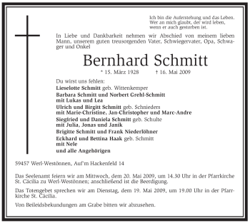 Traueranzeige von Bernhard Schmitt von Tageszeitung