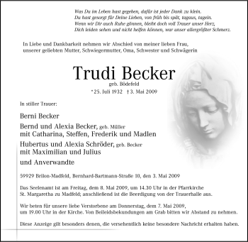 Traueranzeige von Trudi Becker von Tageszeitung