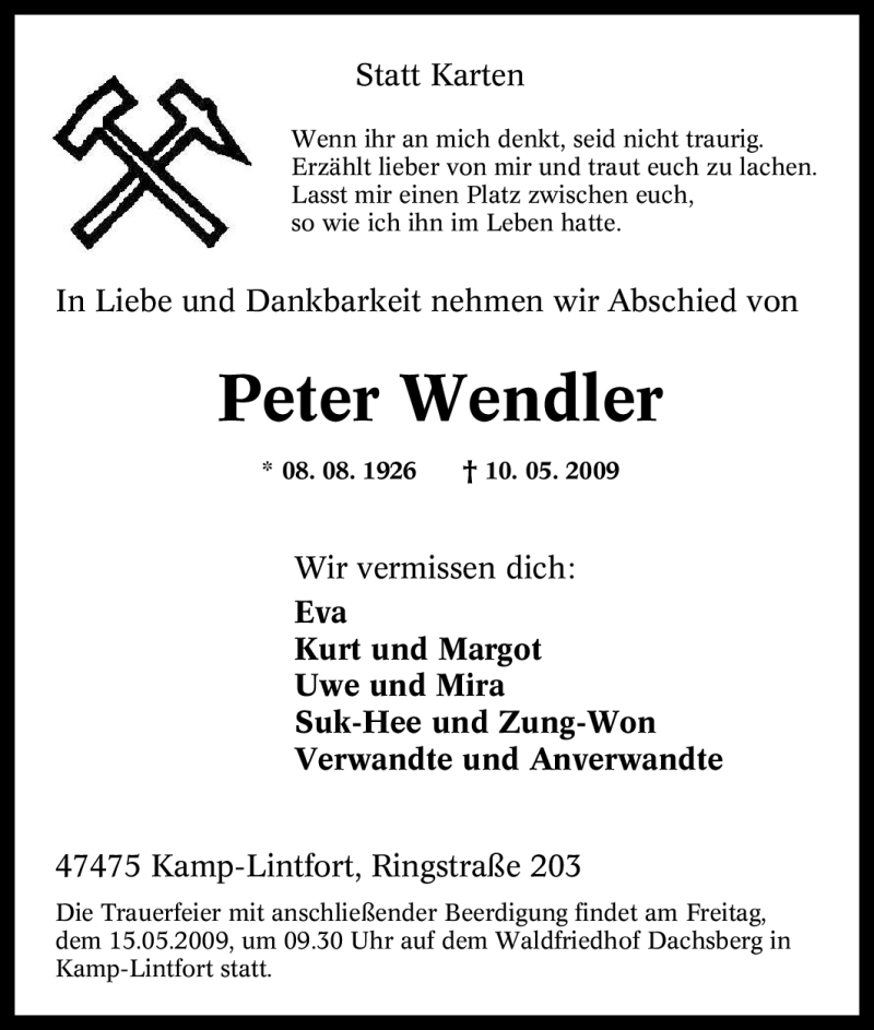 Traueranzeigen von Peter Wendler | Trauer-in-NRW.de