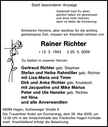 Traueranzeige von Rainer Richter von Tageszeitung