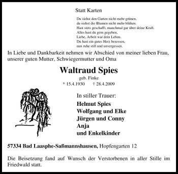 Traueranzeige von Waltraud Spies von Tageszeitung