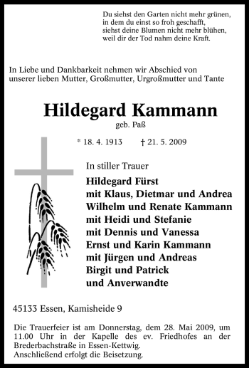 Traueranzeige von Hildegard Kammann von Tageszeitung