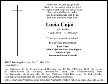 Traueranzeige von Lucia Cujai von Tageszeitung
