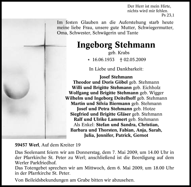  Traueranzeige für Ingeborg Stehmann vom 05.05.2009 aus Tageszeitung