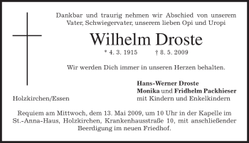 Traueranzeige von Wilhelm Droste von Tageszeitung