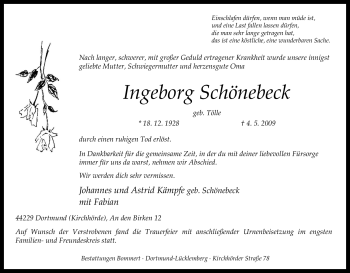 Traueranzeige von Ingeborg Schönebeck von Tageszeitung