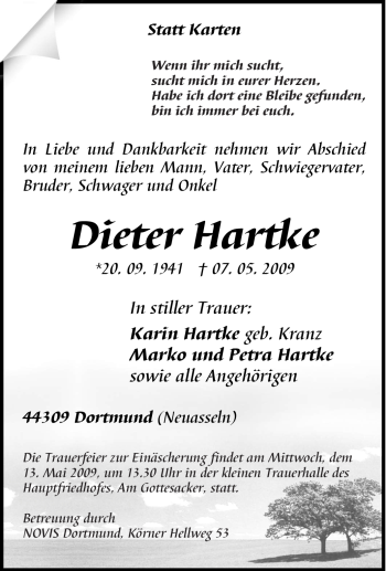 Traueranzeige von Dieter Hartke von Tageszeitung
