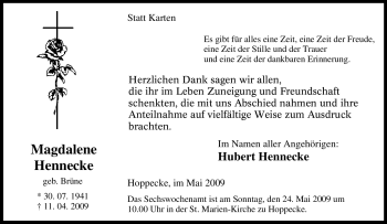 Traueranzeige von Magdalene Hennecke von Tageszeitung