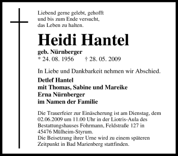 Traueranzeige von Heidi Hantel von Tageszeitung