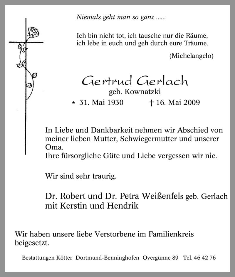 Traueranzeigen Von Gertrud Gerlach | Trauer-in-NRW.de