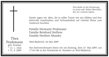 Traueranzeige von Thea Peukmann von Tageszeitung