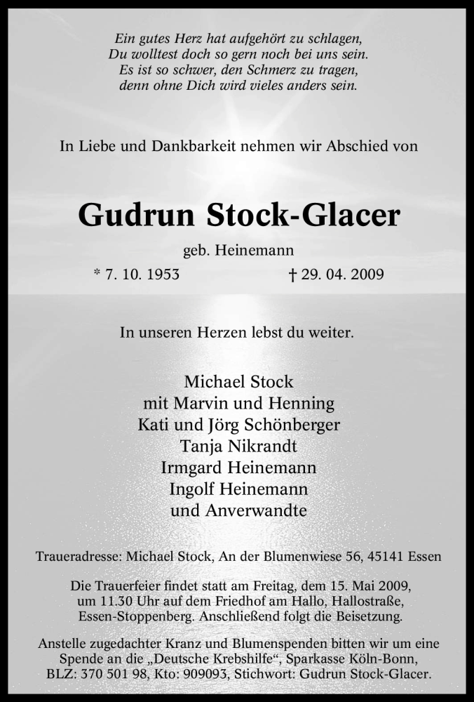  Traueranzeige für Gudrun Stock-Glacer vom 06.05.2009 aus Tageszeitung