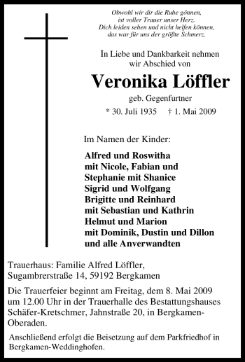 Traueranzeige von Veronika Löffler von Tageszeitung