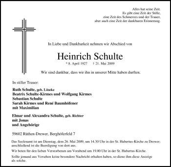 Traueranzeige von Heinrich Schulte von Tageszeitung