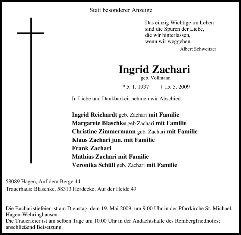  Traueranzeige für Ingrid Zachari vom 18.05.2009 aus Tageszeitung