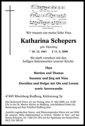 Traueranzeige von Katharina Schepers von Tageszeitung