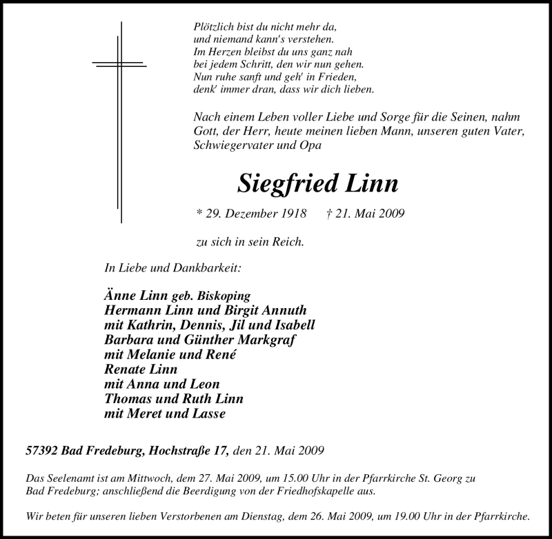  Traueranzeige für Siegfried Linn vom 23.05.2009 aus Tageszeitung