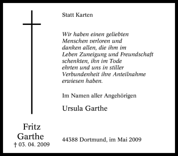 Traueranzeige von Fritz Garthe von Tageszeitung