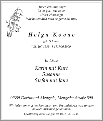 Traueranzeige von Helga Kovac von Tageszeitung