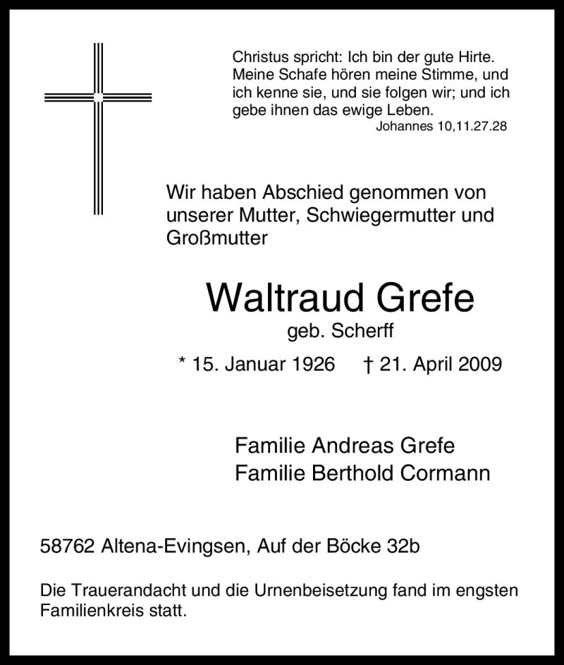  Traueranzeige für Waltraud Grefe vom 14.05.2009 aus Tageszeitung