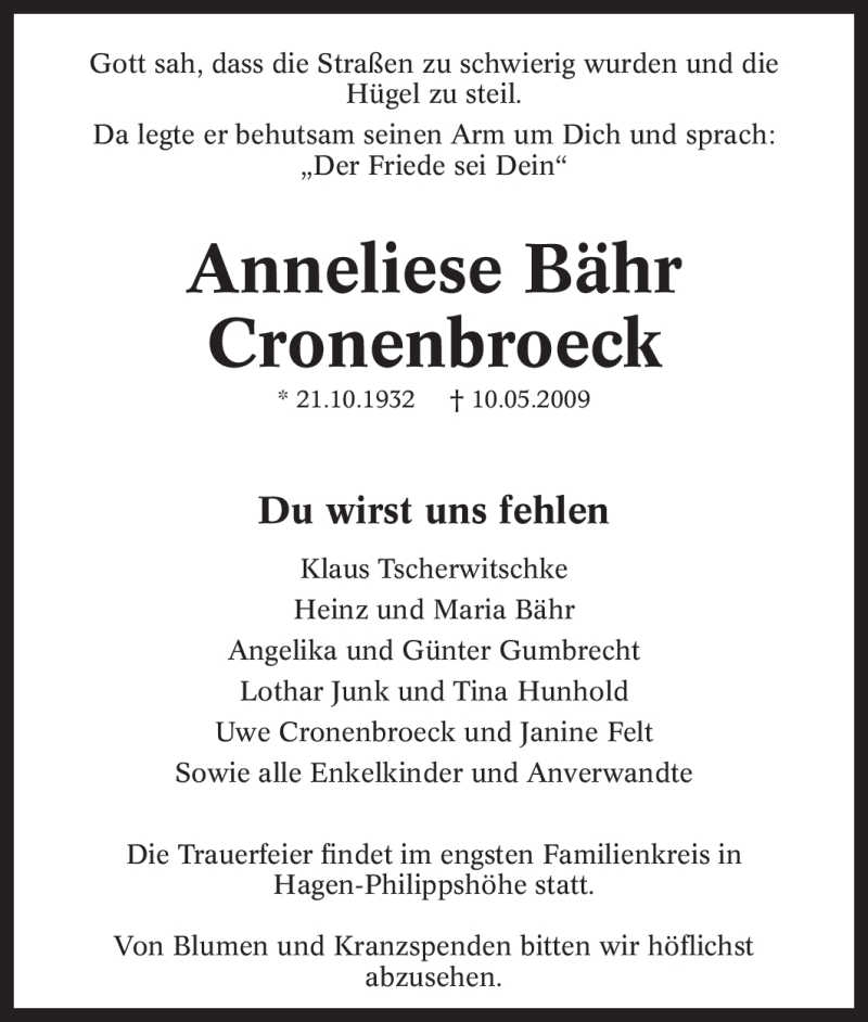 Traueranzeige für Anneliese Bähr Cronenbroeck vom 16.05.2009 aus Tageszeitung