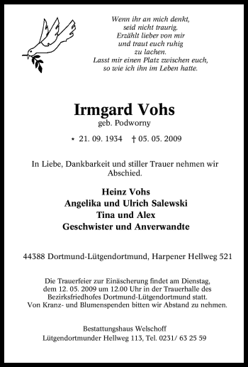Traueranzeige von Irmgard Vohs von Tageszeitung