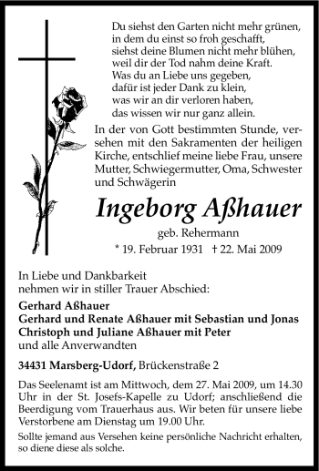 Traueranzeige von Ingeborg Aßhauer von Tageszeitung