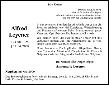 Traueranzeige von Alfred Leyener von Tageszeitung
