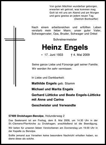 Traueranzeige von Heinz Engels von Tageszeitung