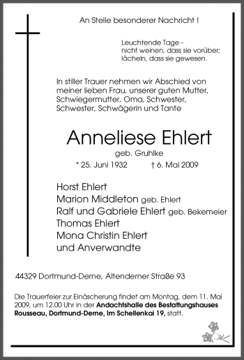 Traueranzeige von Anneliese Ehlert von Tageszeitung