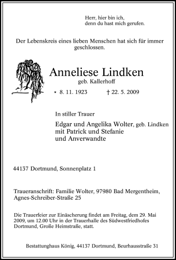 Traueranzeige von Anneliese Lindken von Tageszeitung