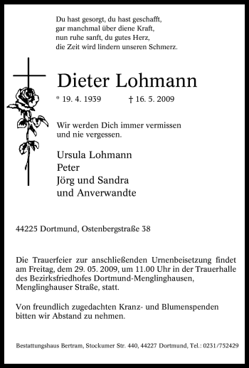 Traueranzeige von Dieter Lohmann von Tageszeitung