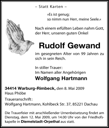 Traueranzeige von Rudolf Gewand von Tageszeitung