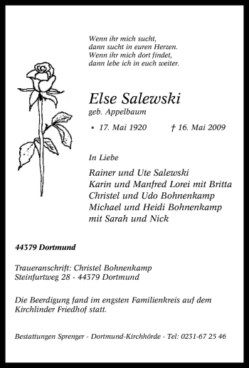Traueranzeige von Else Salewski von Tageszeitung