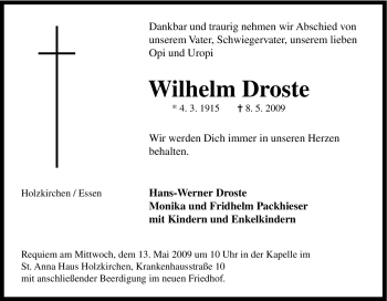 Traueranzeige von Wilhelm Droste von Tageszeitung
