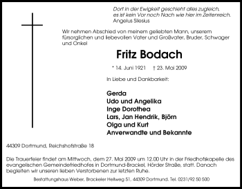 Traueranzeige von Fritz Bodach von Tageszeitung