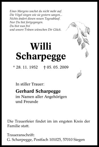Traueranzeige von Willi Scharpegge von Tageszeitung