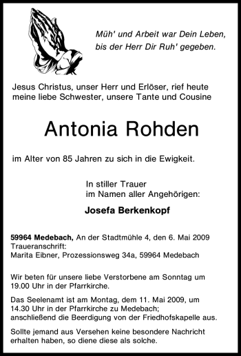 Traueranzeige von Antonia Rohden von Tageszeitung