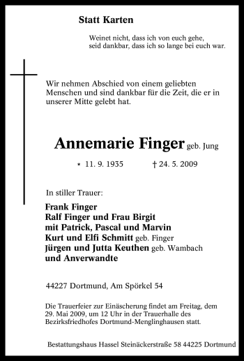 Traueranzeige von Annemarie Finger von Tageszeitung