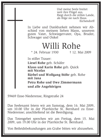 Traueranzeige von Willi Rohe von Tageszeitung
