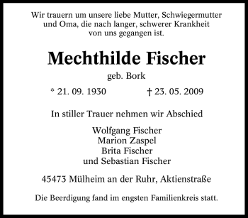 Traueranzeige von Mechthilde Fischer von Tageszeitung